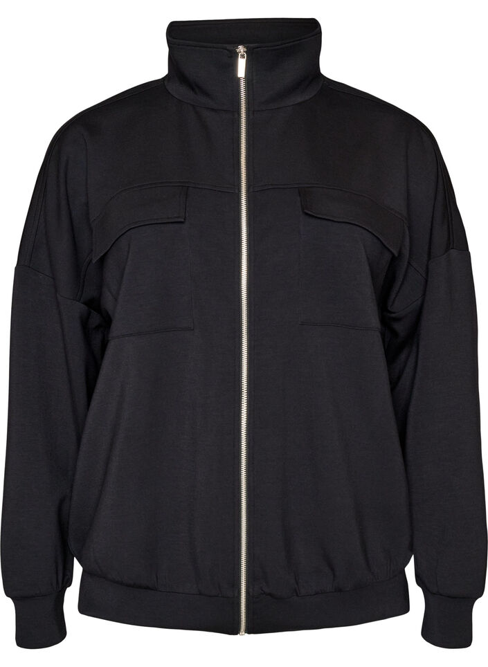 Cardigan en jersey avec fermeture &eacute;clair et col montant, Noir, Packshot image number 0