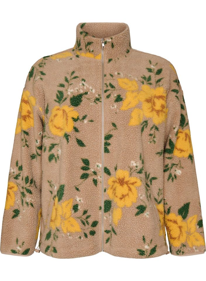 Veste en polaire &agrave; motif floral avec col montant et fermeture zipp&eacute;e, Beige, Packshot image number 0