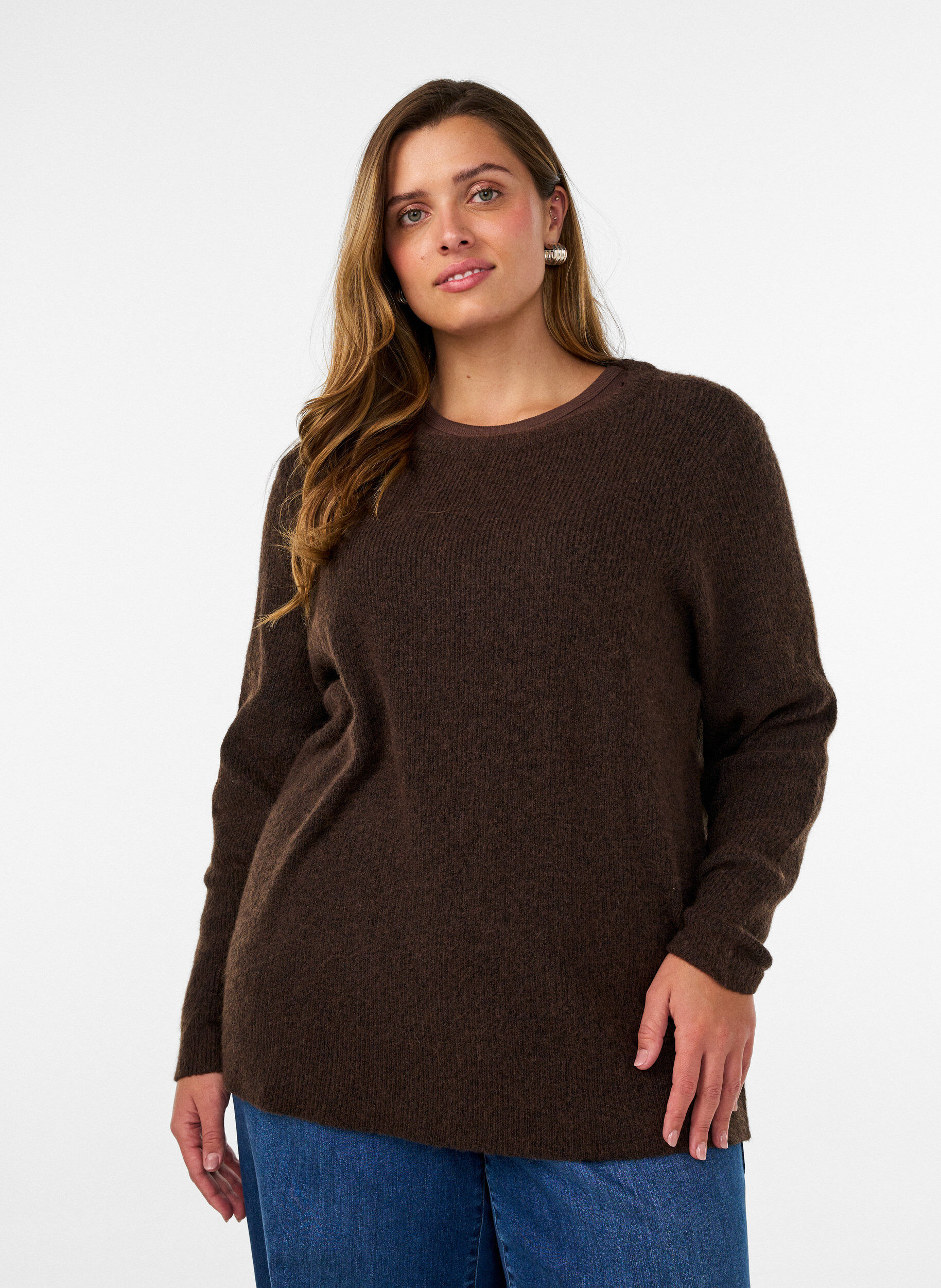 ZizziBlouse en maille chin&eacute;e avec col rond, Marron, Model image number 0