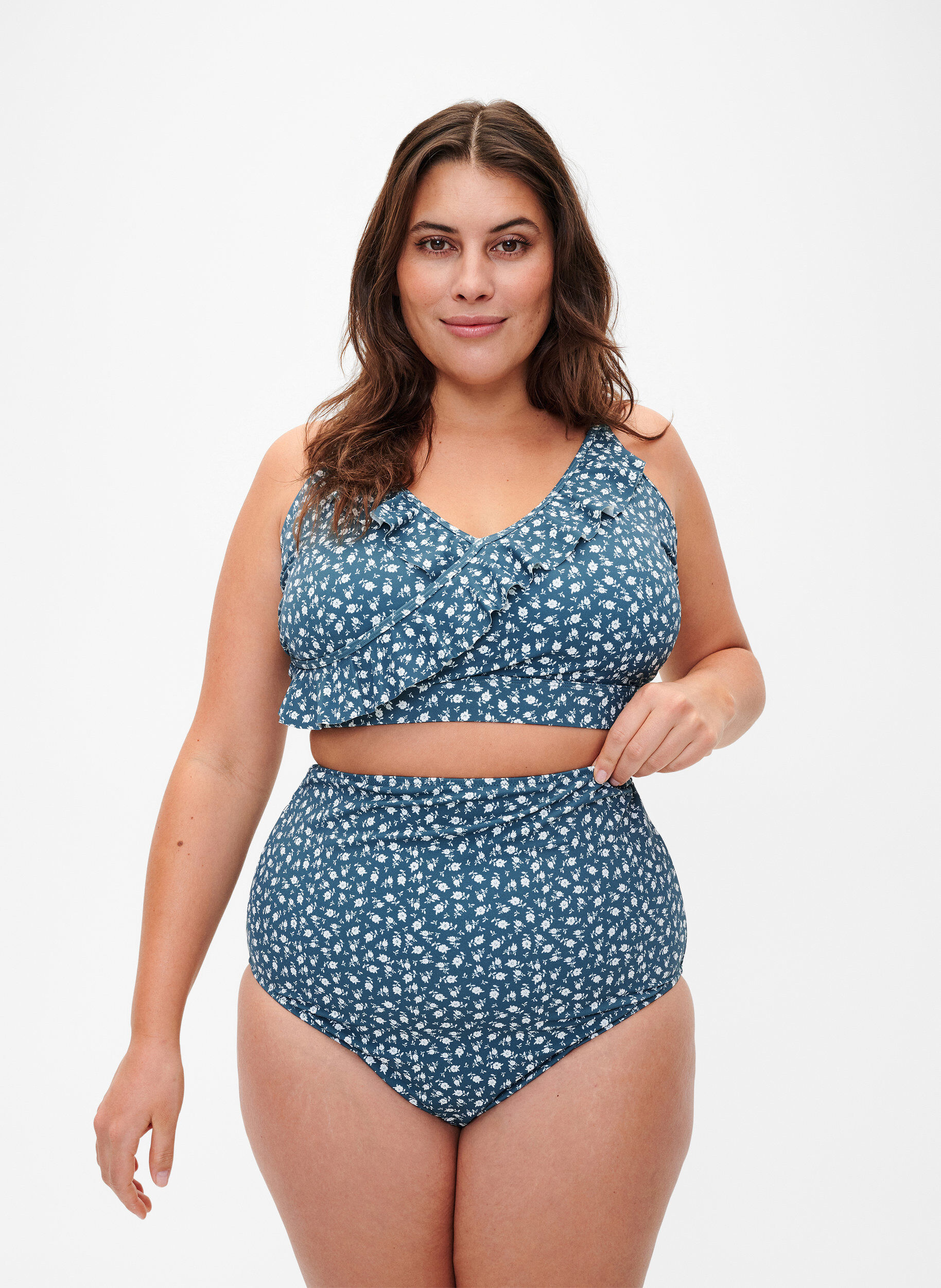 Zizzi Culotte de bikini taille tr&egrave;s haute &agrave; imprim&eacute; floral, Bleu p&eacute;trole, Model image number 0