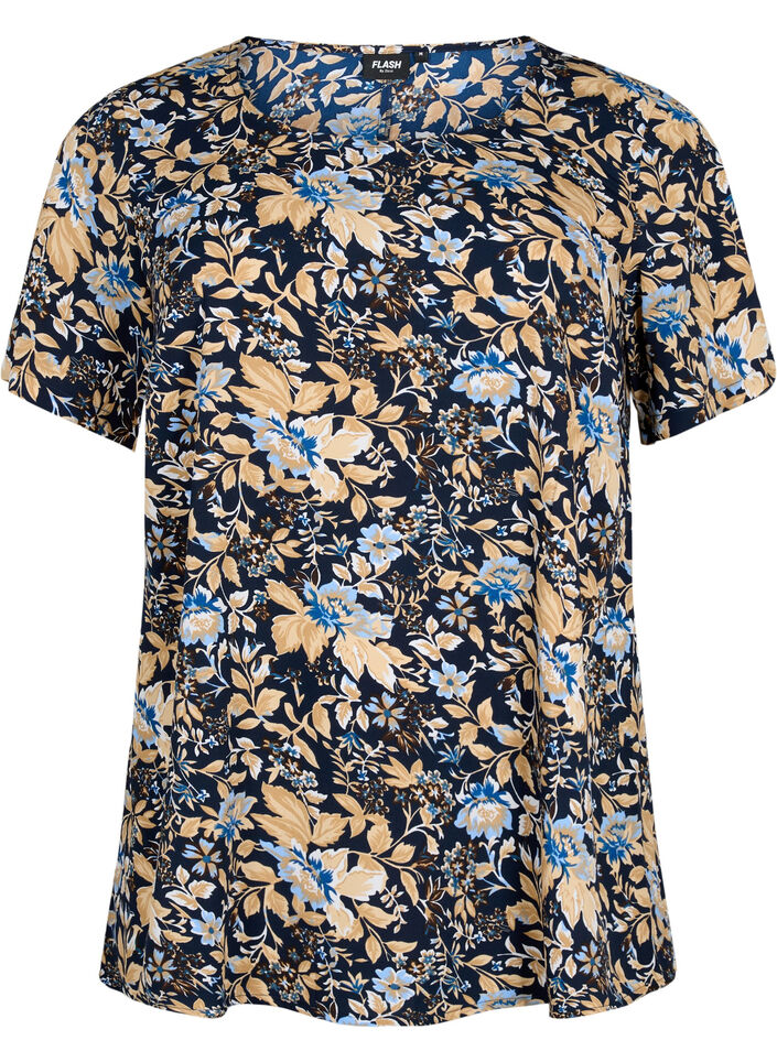 FLASH - Blouse à manches courtes et imprimée, Brown Blue Flower, Packshot image number 0