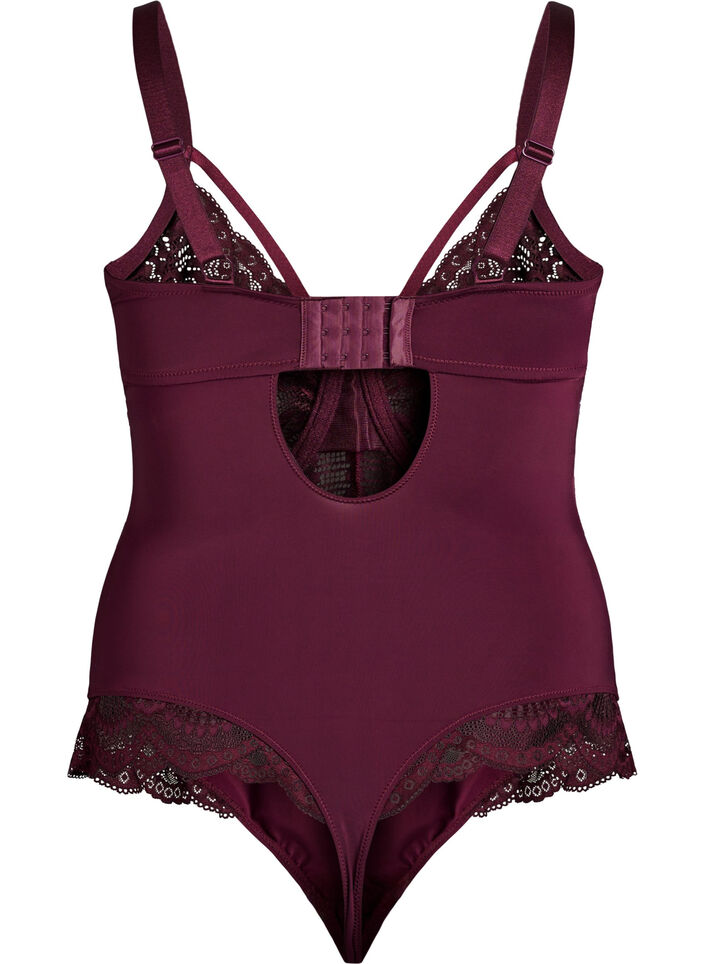 Body en dentelle &agrave; armatures avec jeu de lani&egrave;res, Bordeaux, Packshot image number 1
