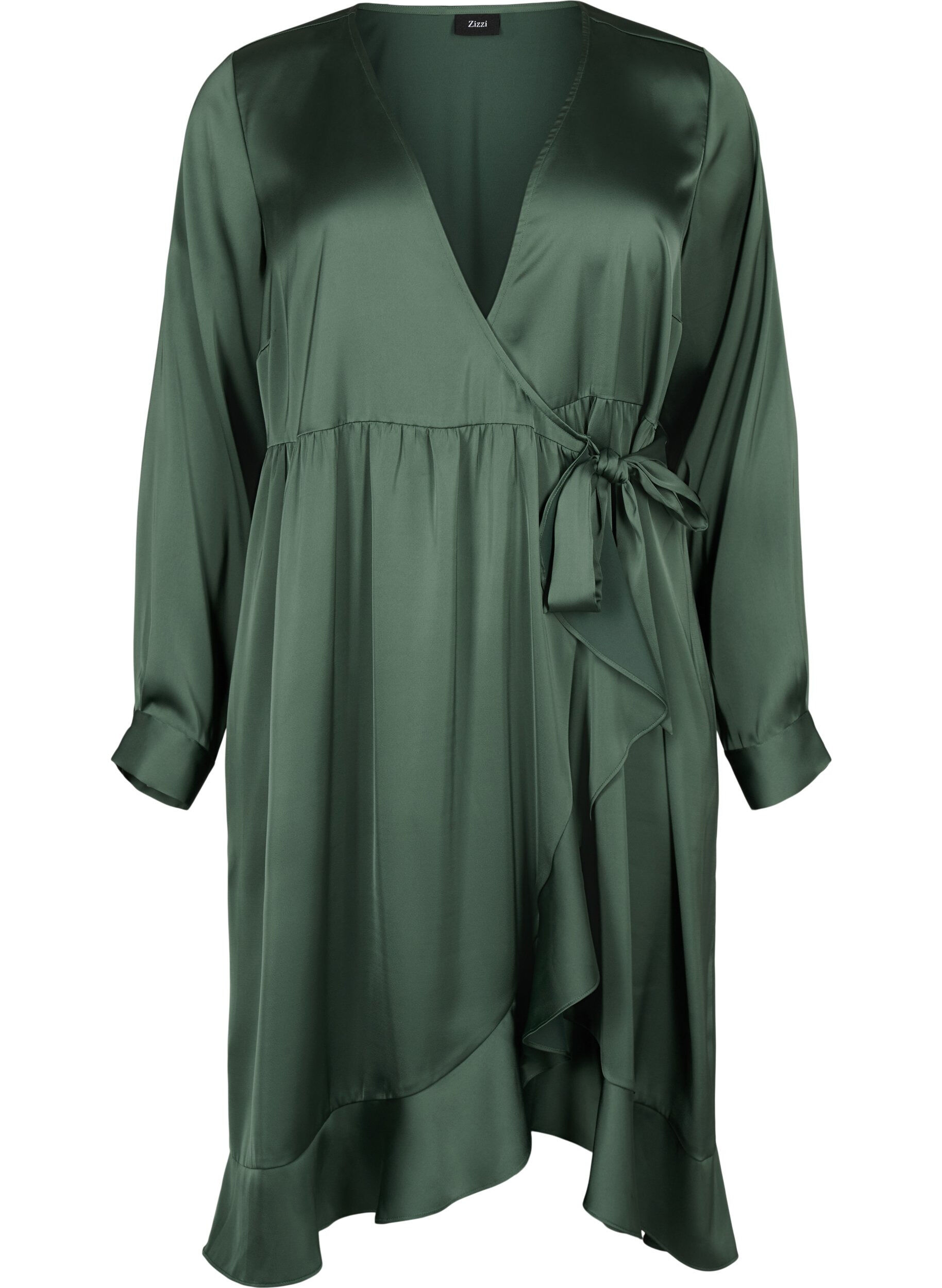 Zizzi Robe portefeuille en satin &agrave; manches longues, Duck Green, Packshot image number 0