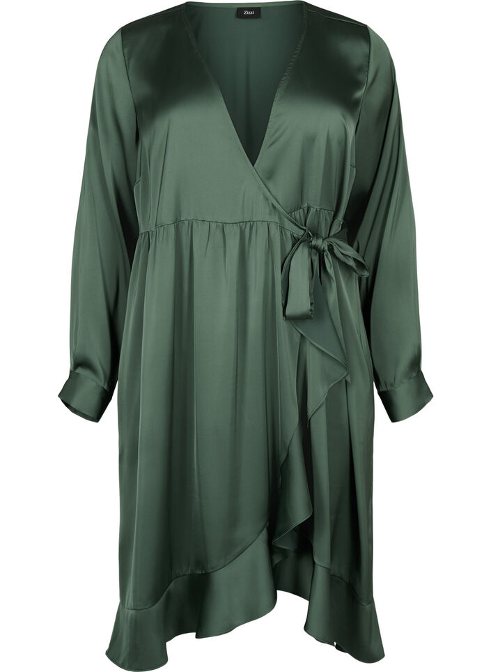 Robe portefeuille en satin à manches longues, Duck Green, Packshot image number 0