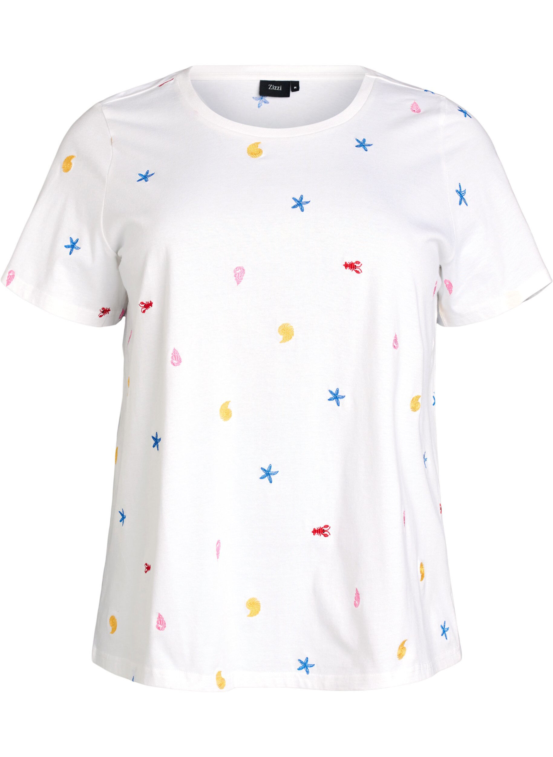 ZizziT-shirt en coton biologique avec motifs brod&eacute;s, Blanc, Packshot image number 0