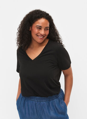 T-shirt à manches courtes avec col en V, Black, Model image number 0