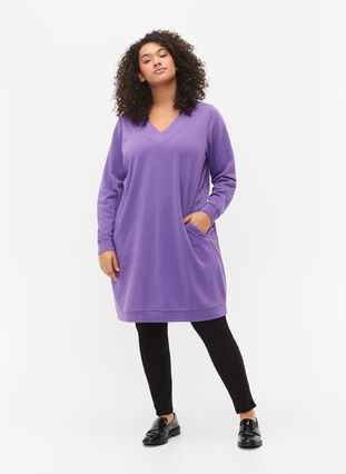 Robe sweat-shirt avec col en V, Deep Lavender, Model image number 2