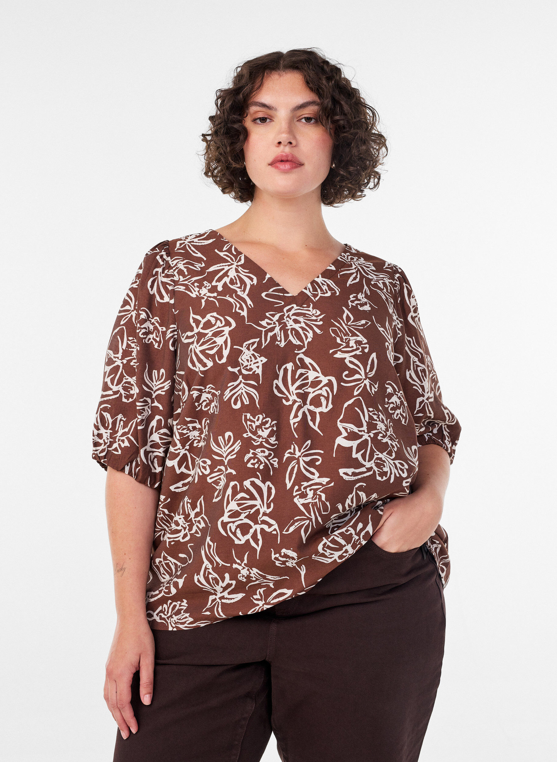 ZizziBlouse en viscose avec col en V, Marron, Image image number 0
