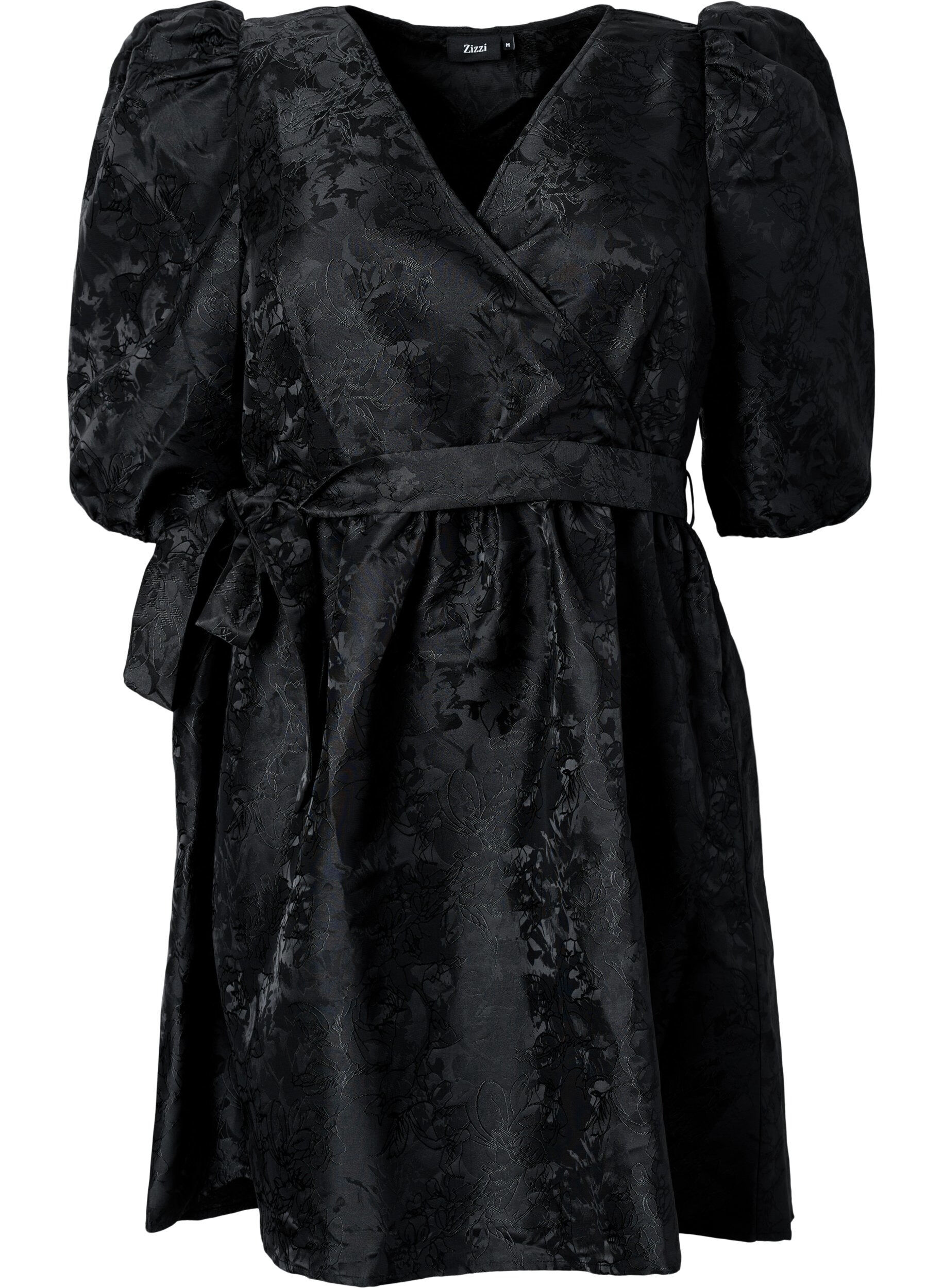 Zizzi Robe portefeuille courte &agrave; manches 3/4, Black, Packshot image number 0