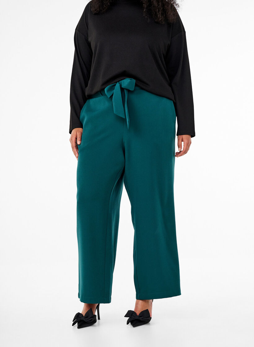 Pantalons larges à taille haute et ceinture à nouer, Vert foncé, Model image number 2