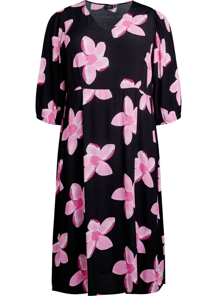 Robe mi-longue avec imprimé floral et manches 3/4, Noir, Packshot image number 0