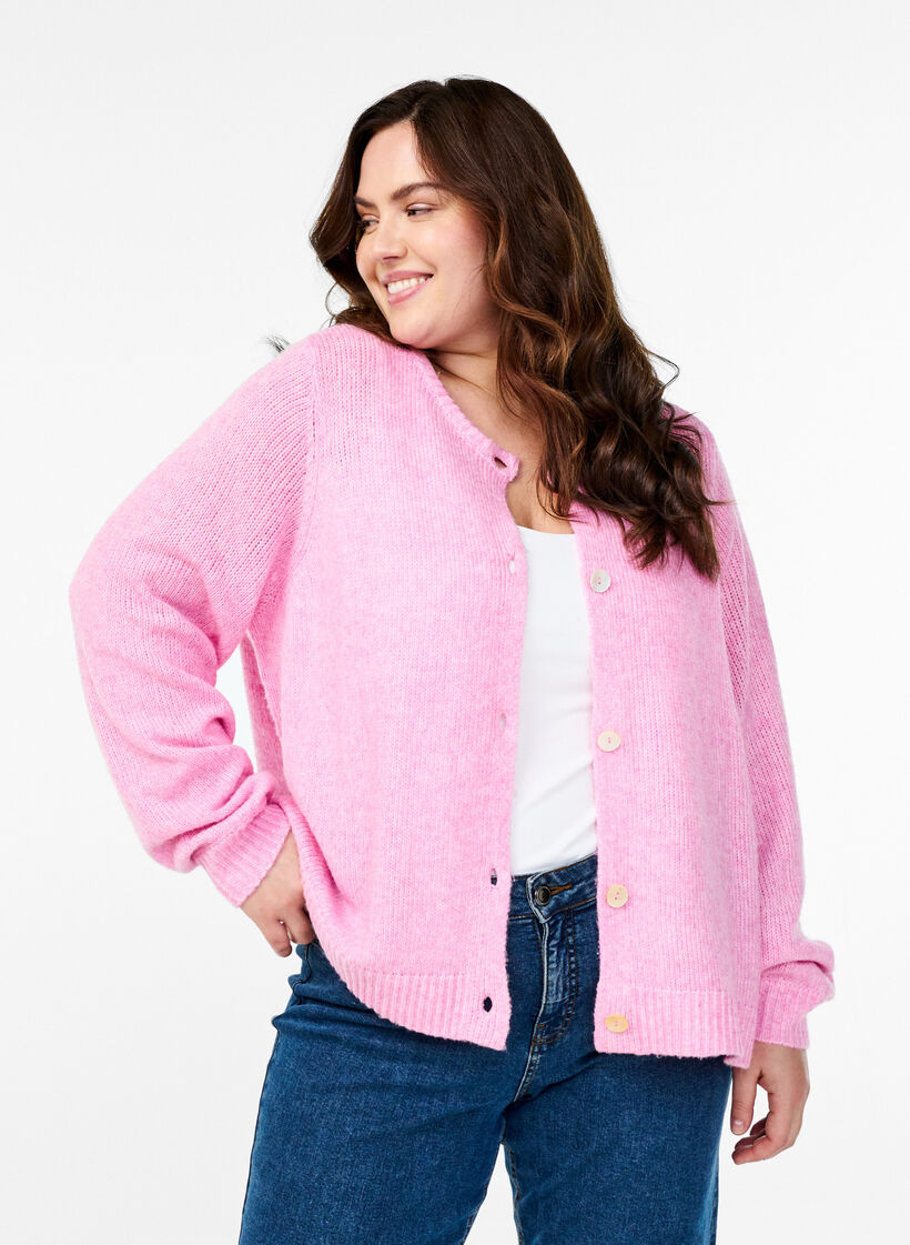 Cardigan en maille comportant de la laine et des boutons, Begonia Pink Mel., Model image number 0
