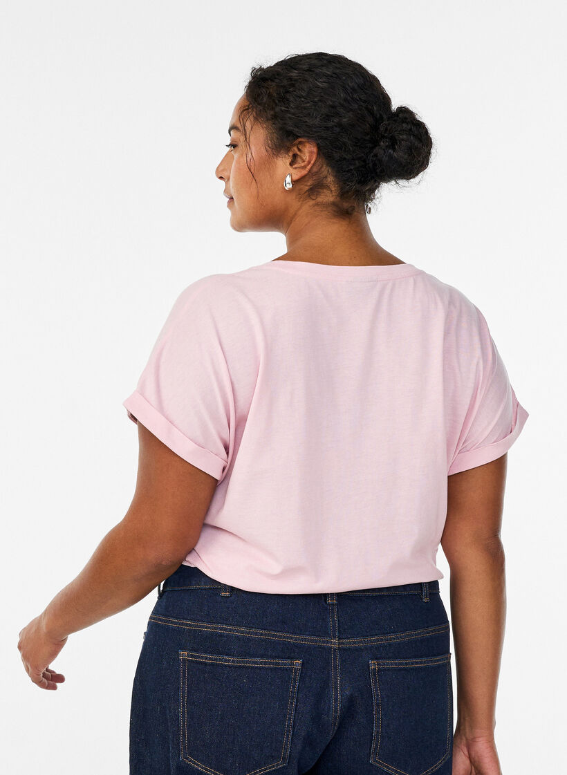 T-shirt &agrave; manches courtes en coton m&eacute;lang&eacute;, Rose, Model image number 2