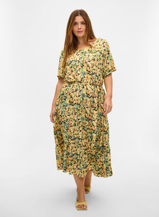 Robe midi manches courtes en viscose, Yellow Summer AOP, Model image number 2