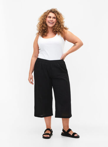 Pantalon 7/8 en coton mélangé avec du lin, Black, Model image number 0