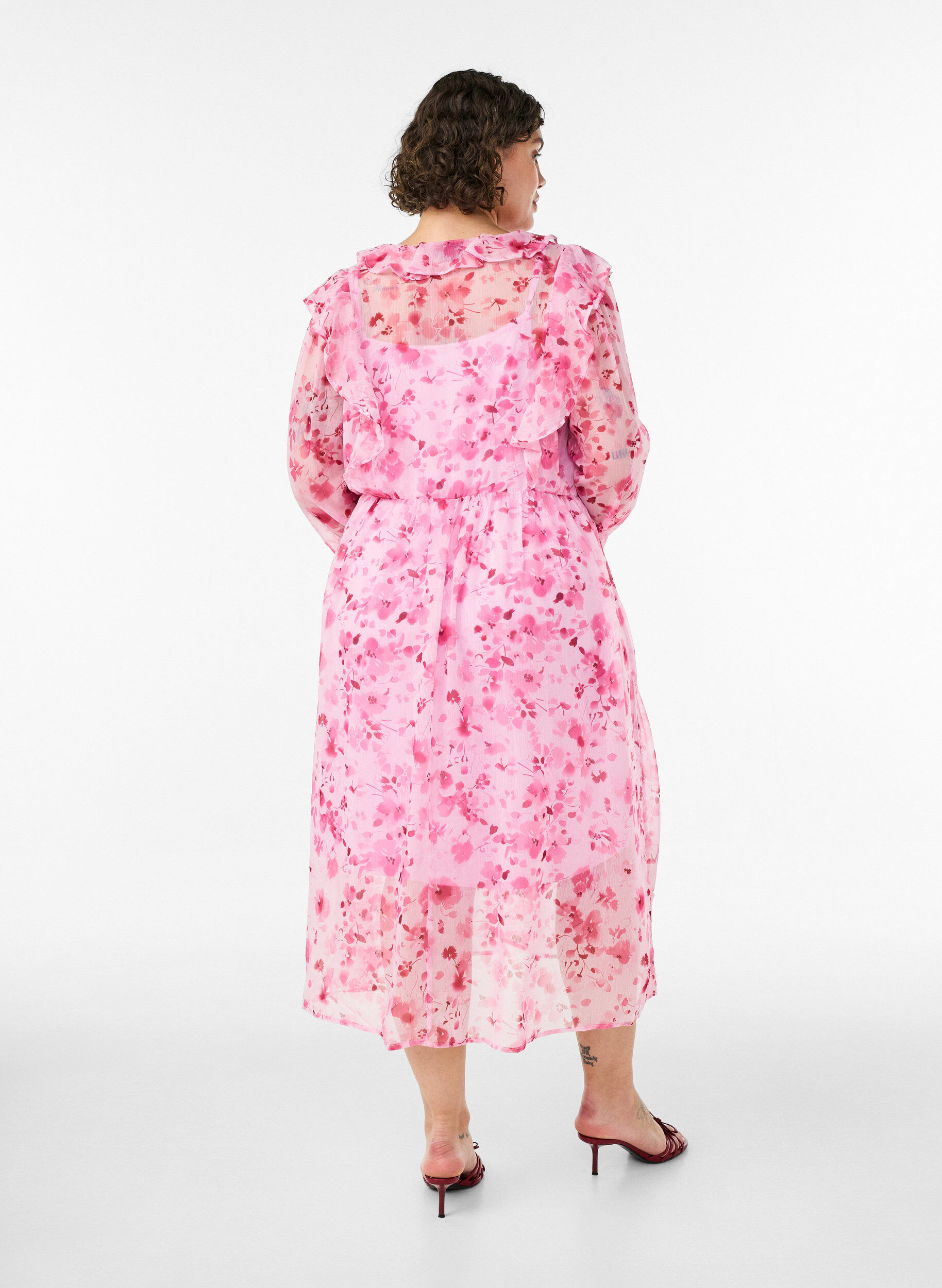 ZizziRobe en chiffon fleuri avec volants et manches longues, Rose, Model image number 1