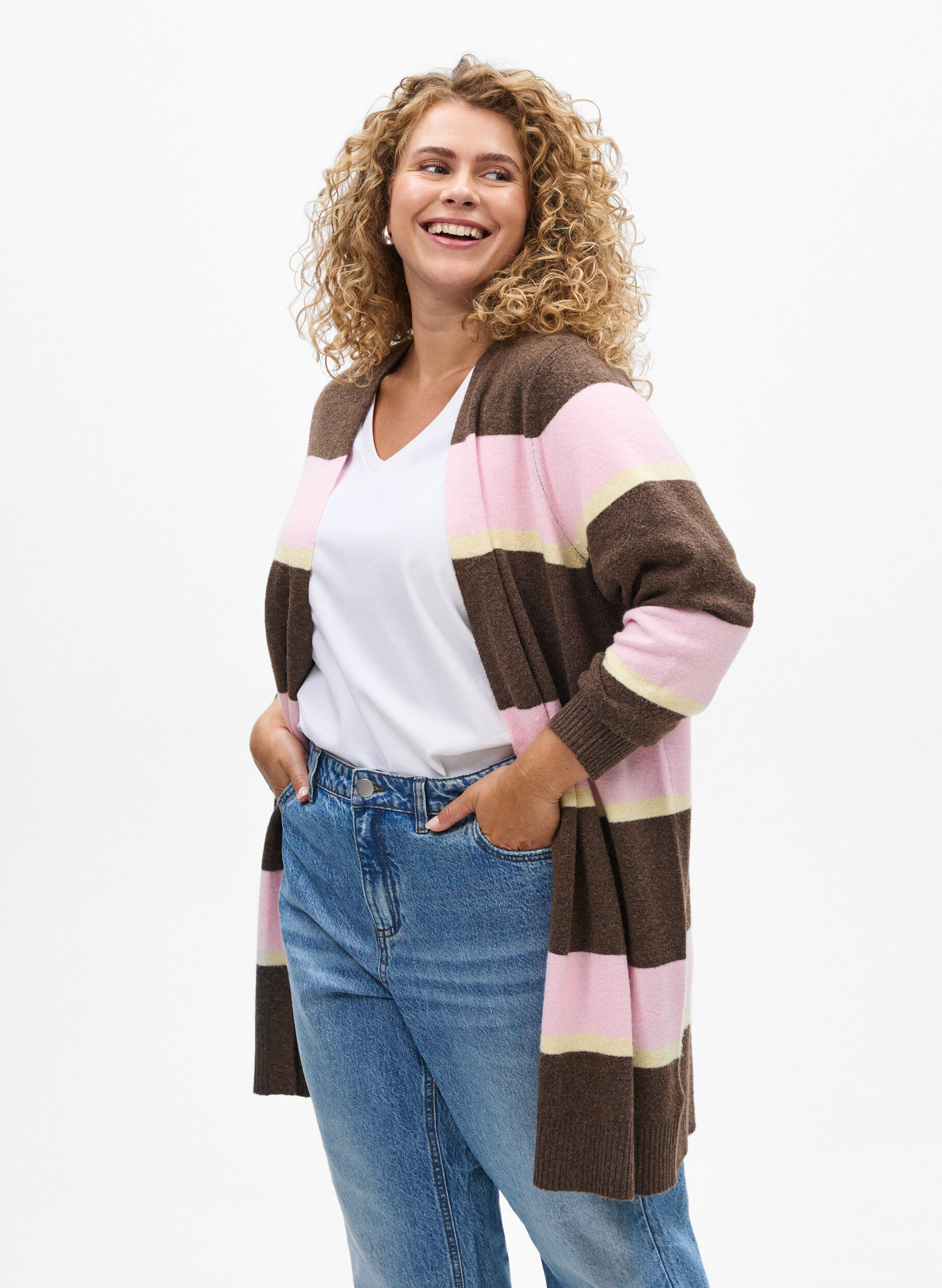 Zizzi Cardigan long en tricot avec rayures larges, Marron, Model image number 0