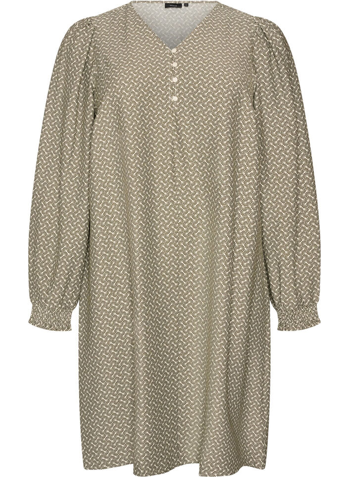 Robe imprim&eacute;e en viscose &agrave; manches longues, Vert Kaki, Packshot image number 0