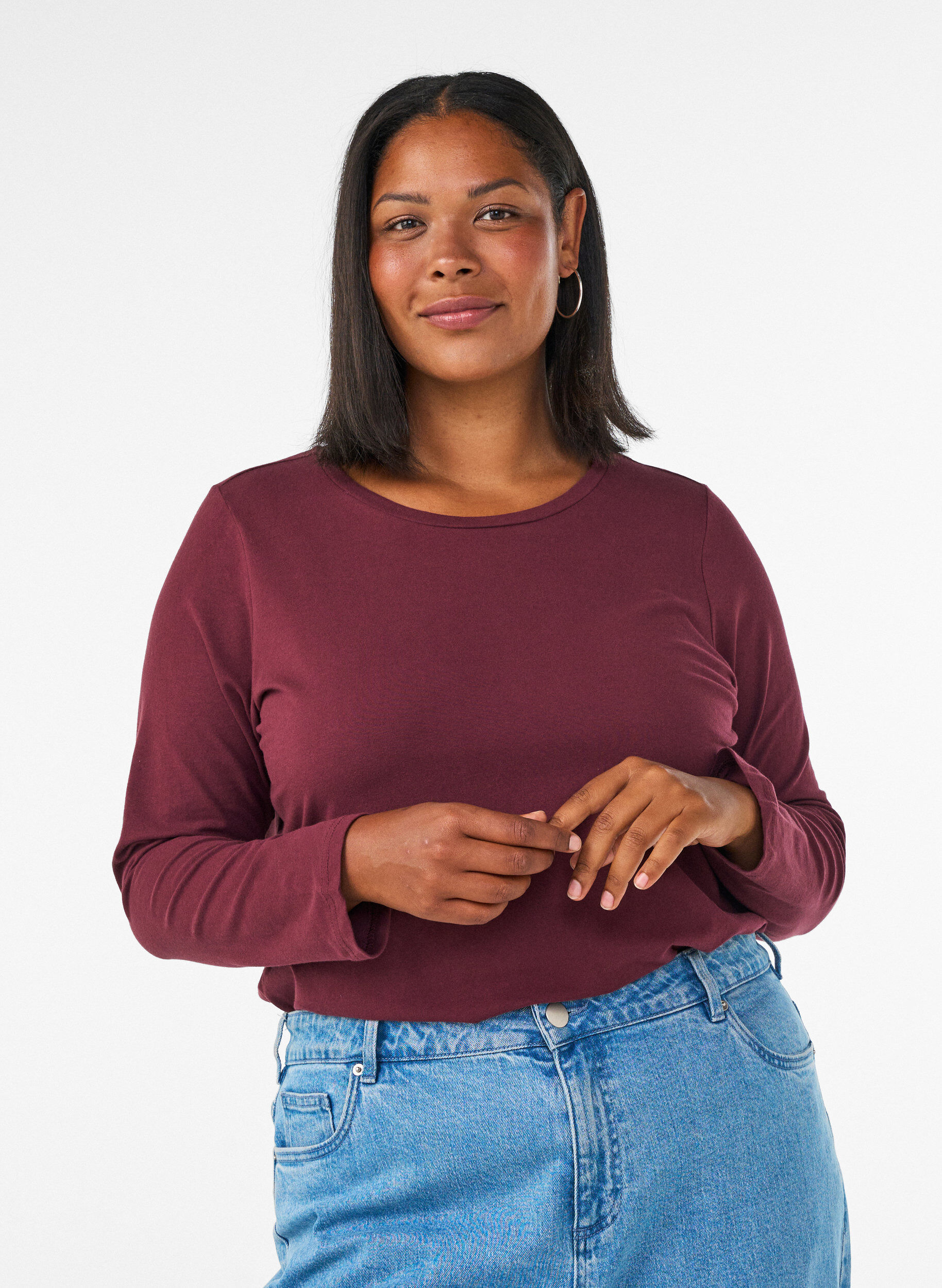 Blouse basique en jersey &agrave; manches longues, Bordeaux, Model