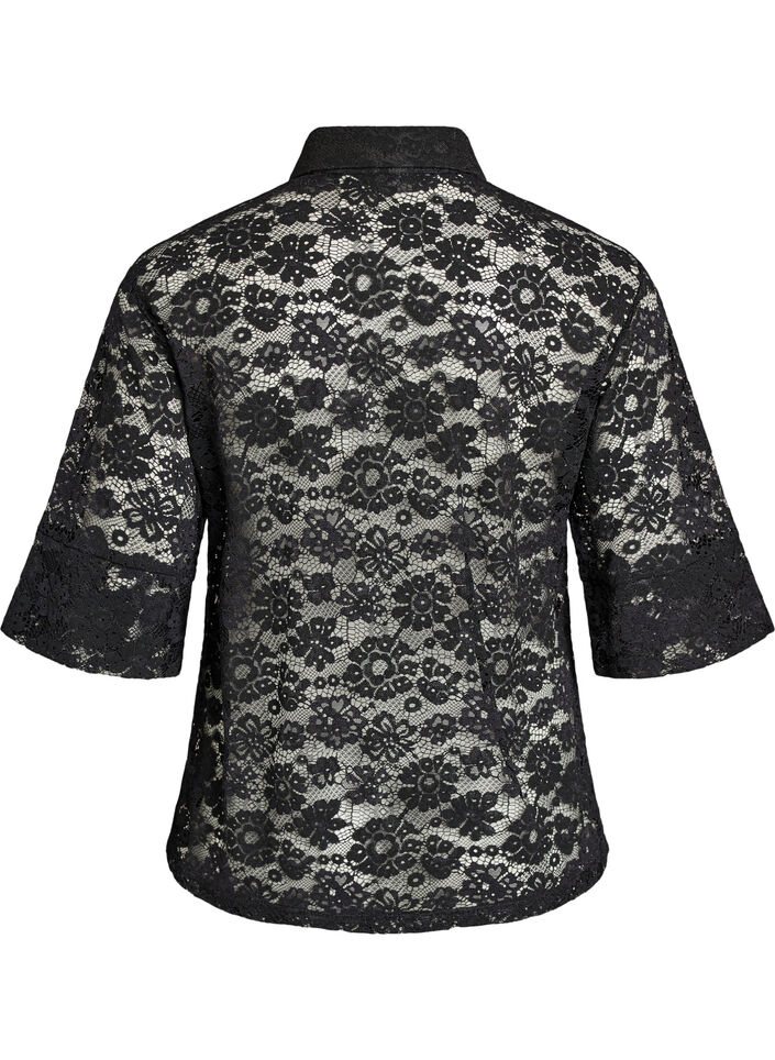 Blouse en dentelle avec col et manches 1/2, Noir, Packshot image number 1