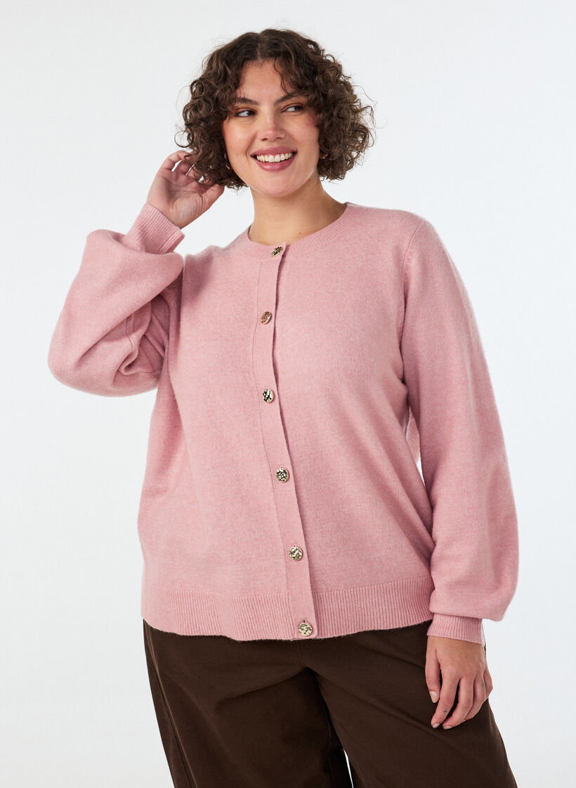 Cardigan en maille douce avec boutons dor&eacute;s, Rose poudr&eacute;e, Model image number 0