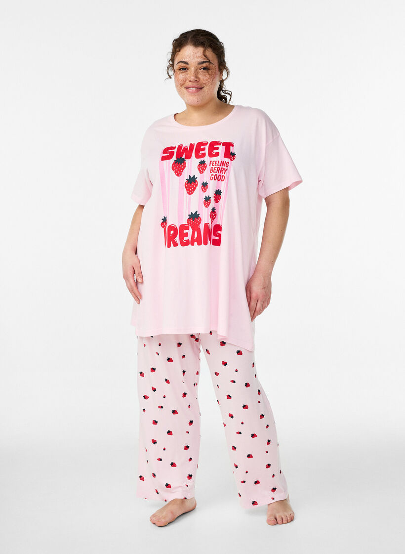 Pantalon de pyjama en jersey doux avec taille haute et imprim&eacute; fruits, Rose, Model image number 0