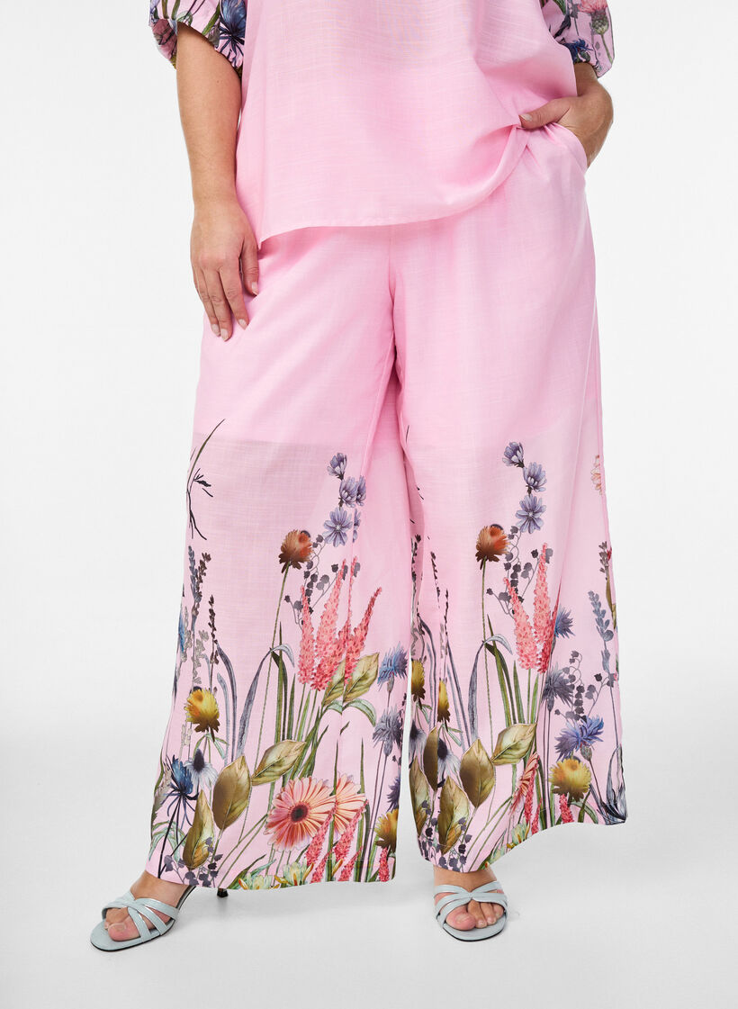Pantalon &agrave; imprim&eacute; floral et coupe ample, Rose, Model image number 2