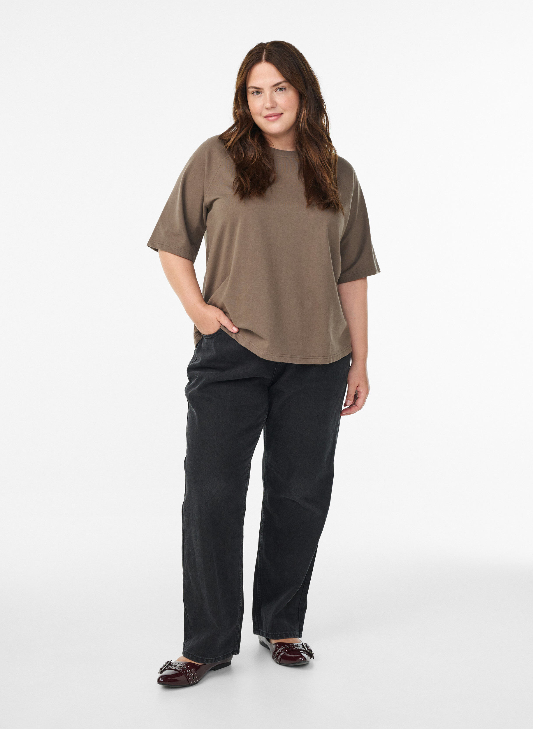 Zizzi Blouse en jersey avec manches raglan 3/4, Marron, Model image number 1