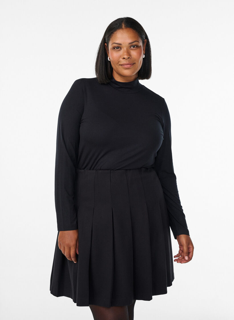 Chemisier à manches longues et col montant, Noir, Model image number 0