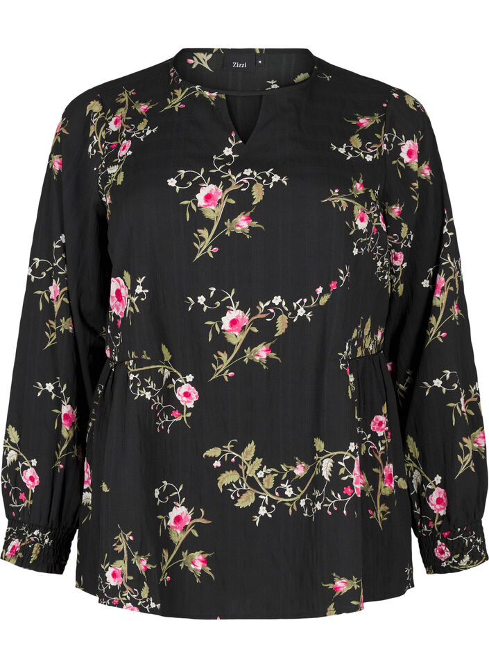 Chemisier &agrave; manches longues avec imprim&eacute; floral, Noir, Packshot image number 0