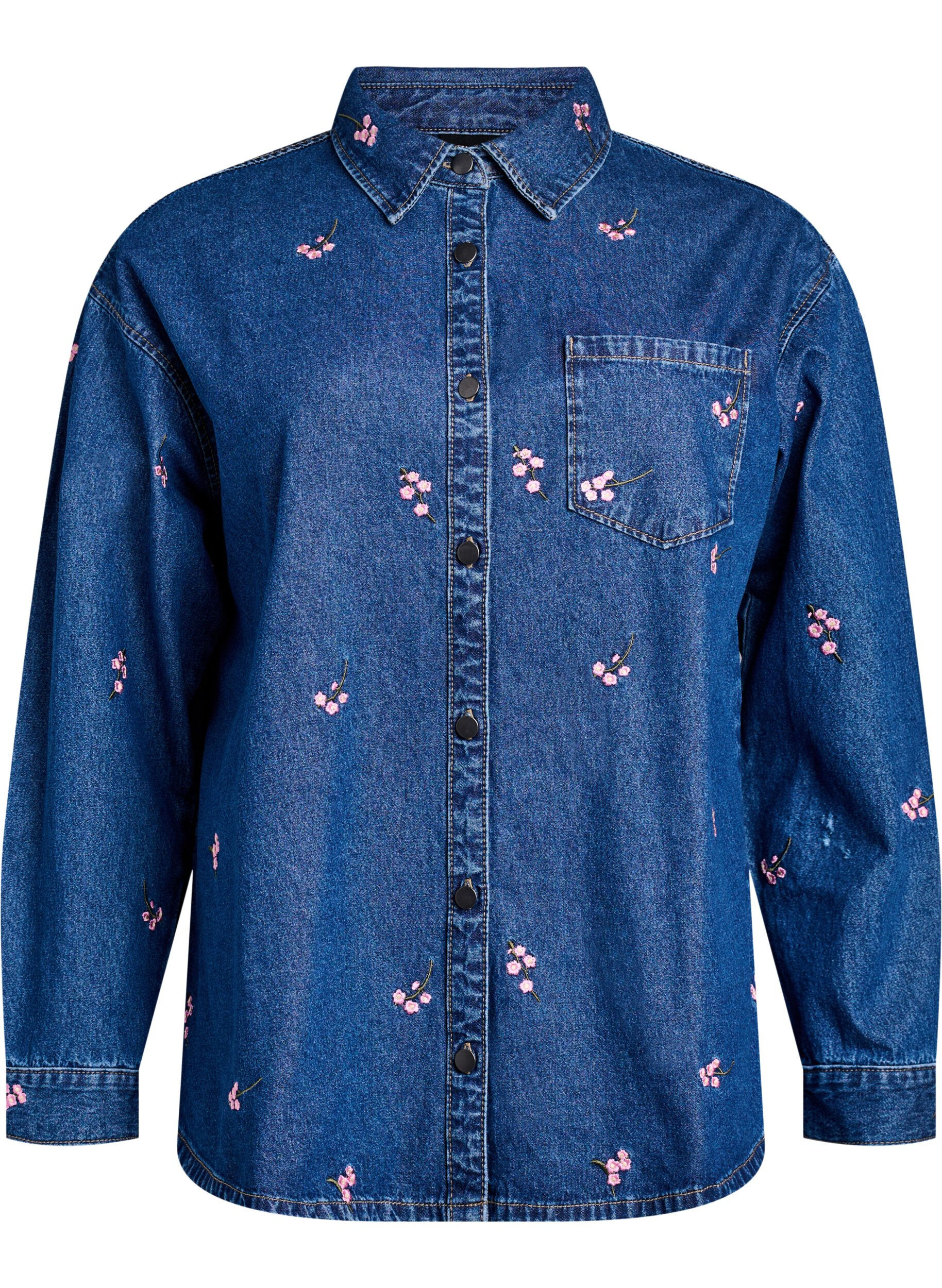 Zizzi Chemise en denim avec des fraises brod&eacute;es, Bleu, Packshot image number 0