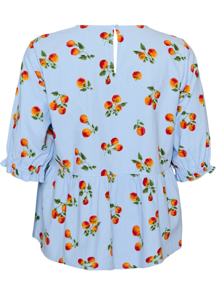 Blouse en coton avec imprim&eacute; tomates et peplum, Bleu Clair, Packshot image number 1