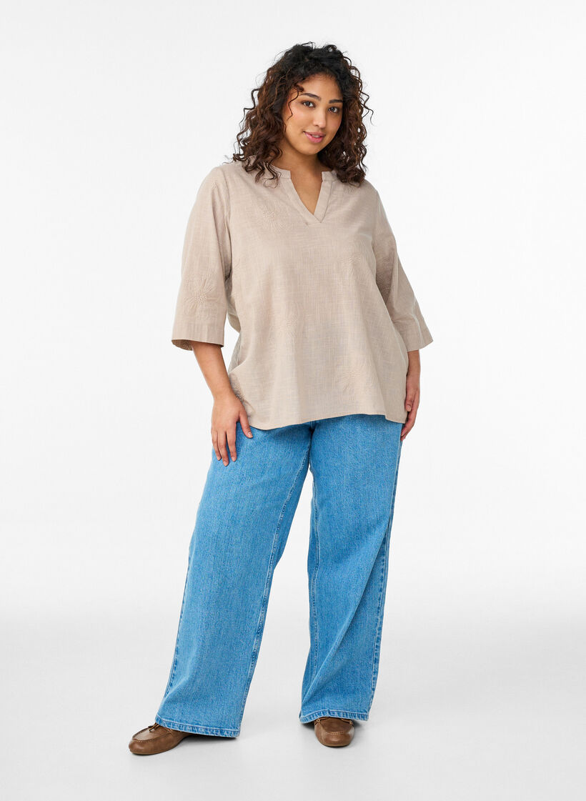 Blouse en coton avec d&eacute;tails brod&eacute;s et manches 3/4, Beige, Model image number 1