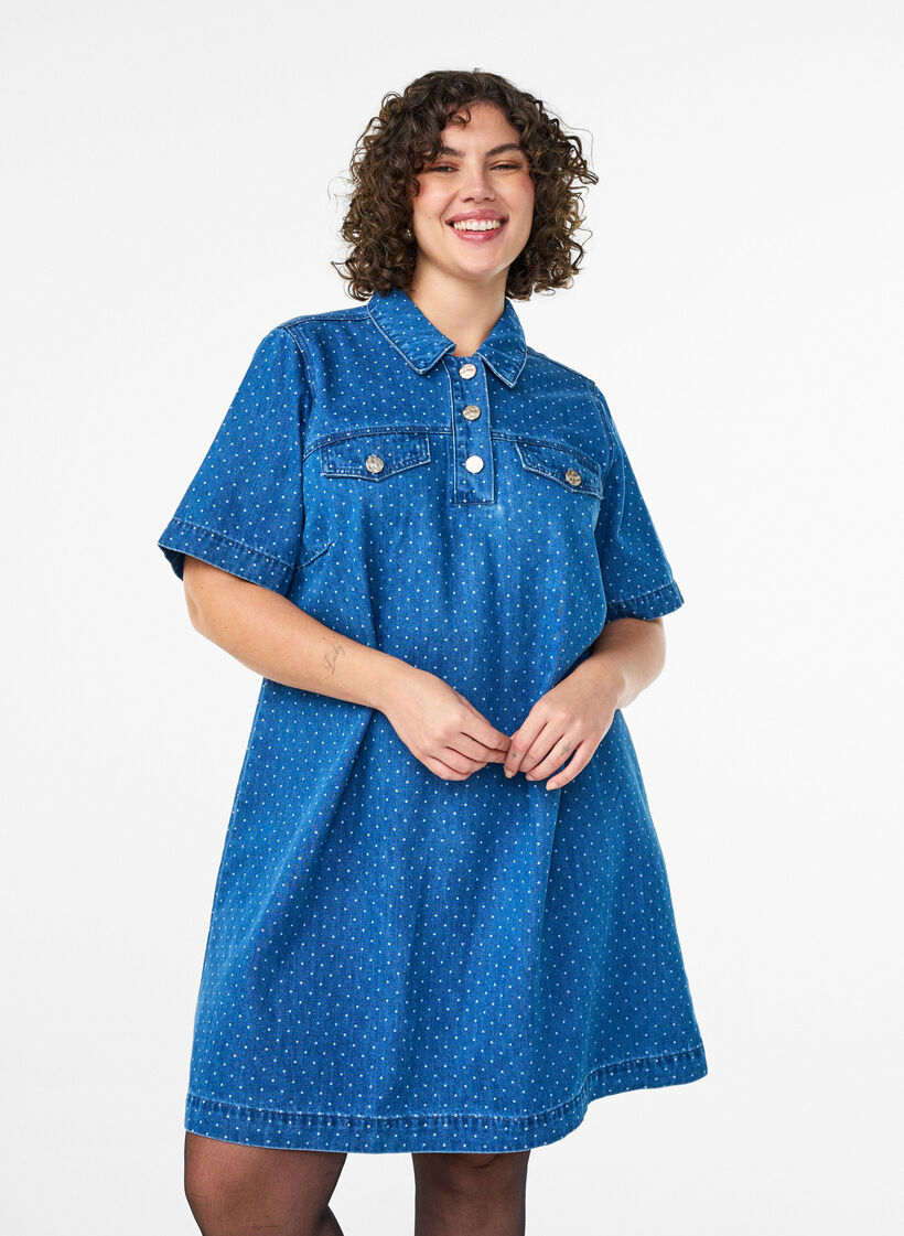 Robe courte en jean &agrave; pois, Bleu, Model image number 0