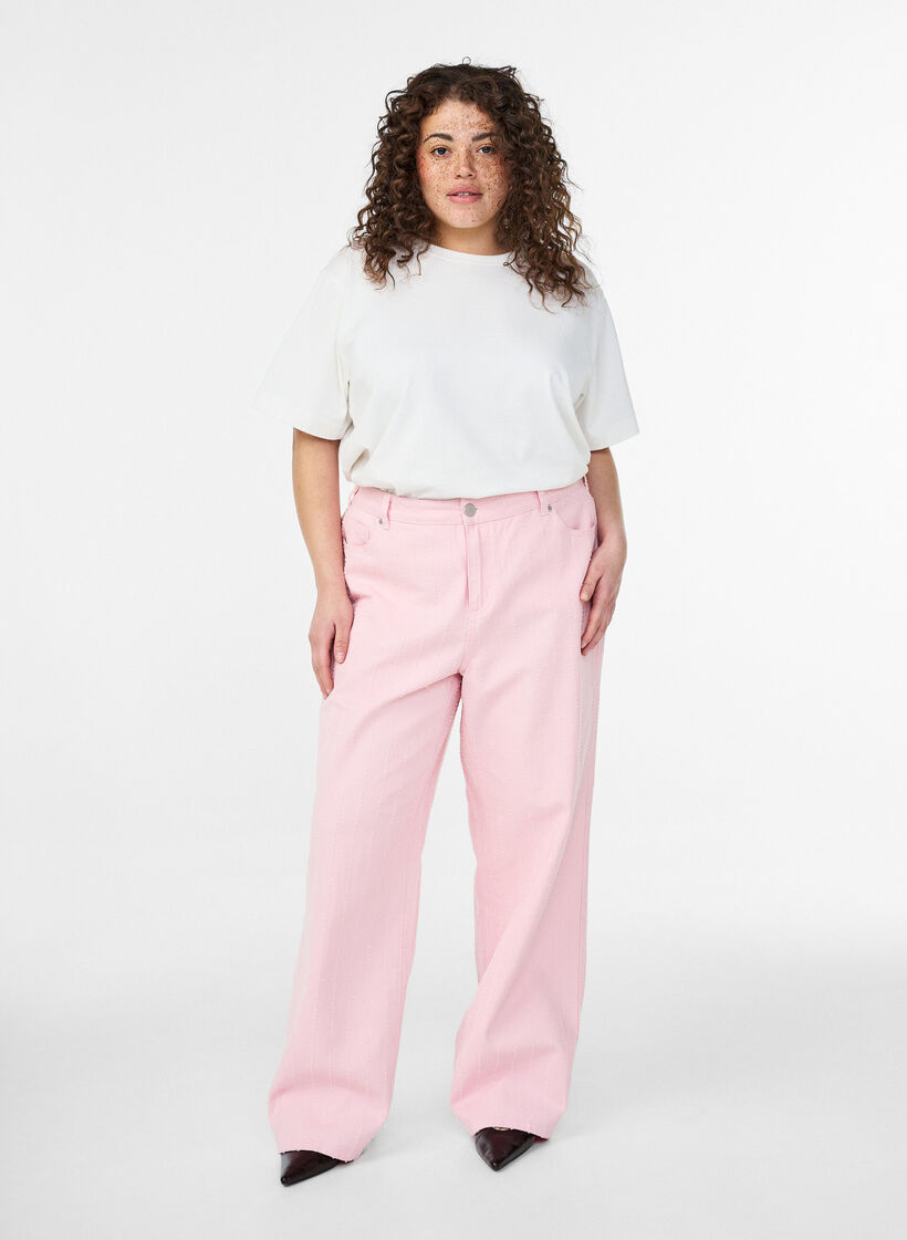 Jean Myra coupe large en denim de couleur &agrave; motif textur&eacute;, Rose poudr&eacute;e, Model image number 0