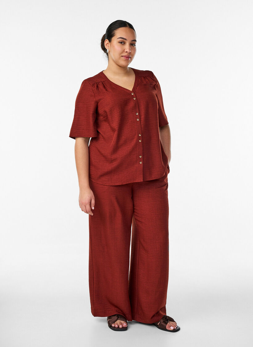 Pantalon ample avec ceinture &eacute;lastique et poches, Bordeaux, Model image number 0