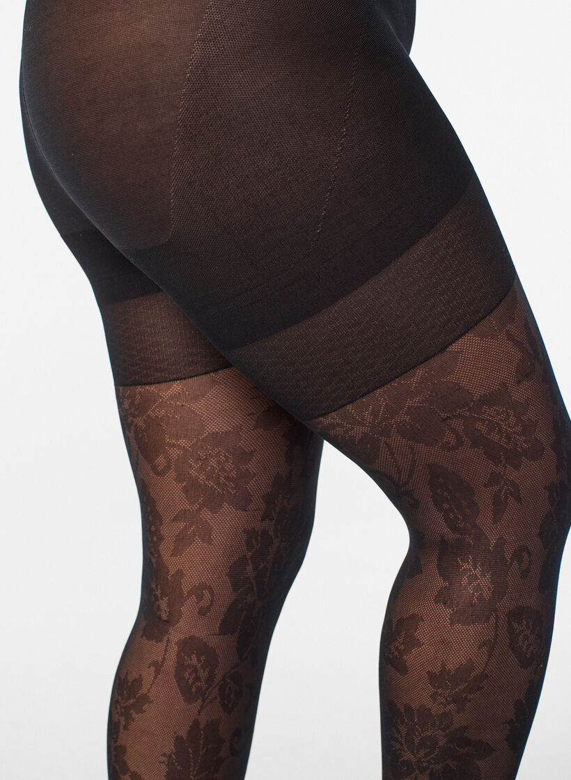 Collants &agrave; motif floral avec effet push-up - 50 deniers, Noir, Model image number 2