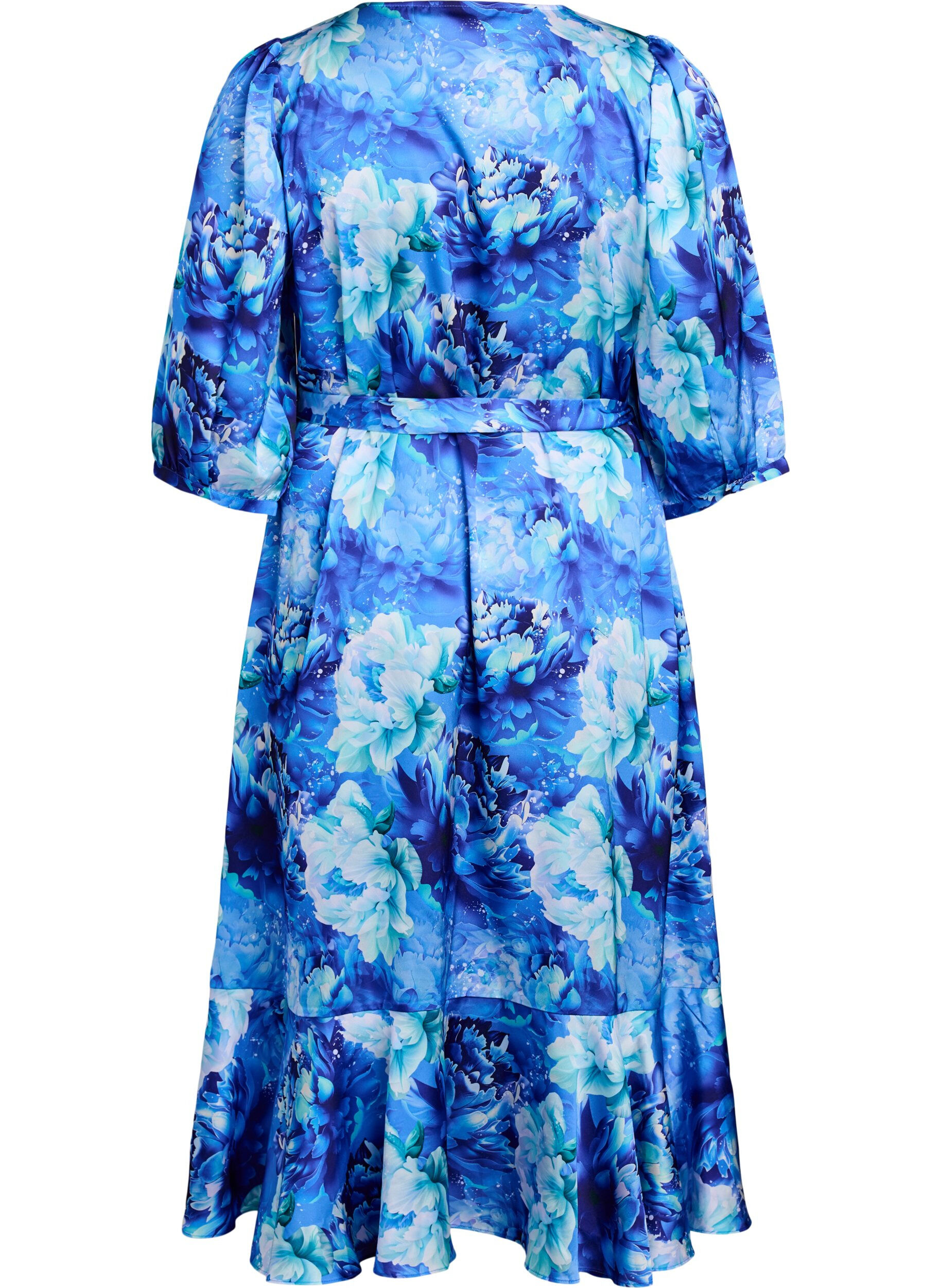 Zizzi Robe portefeuille &agrave; imprim&eacute; floral et manches 3/4, Bleu, Packshot image number 1
