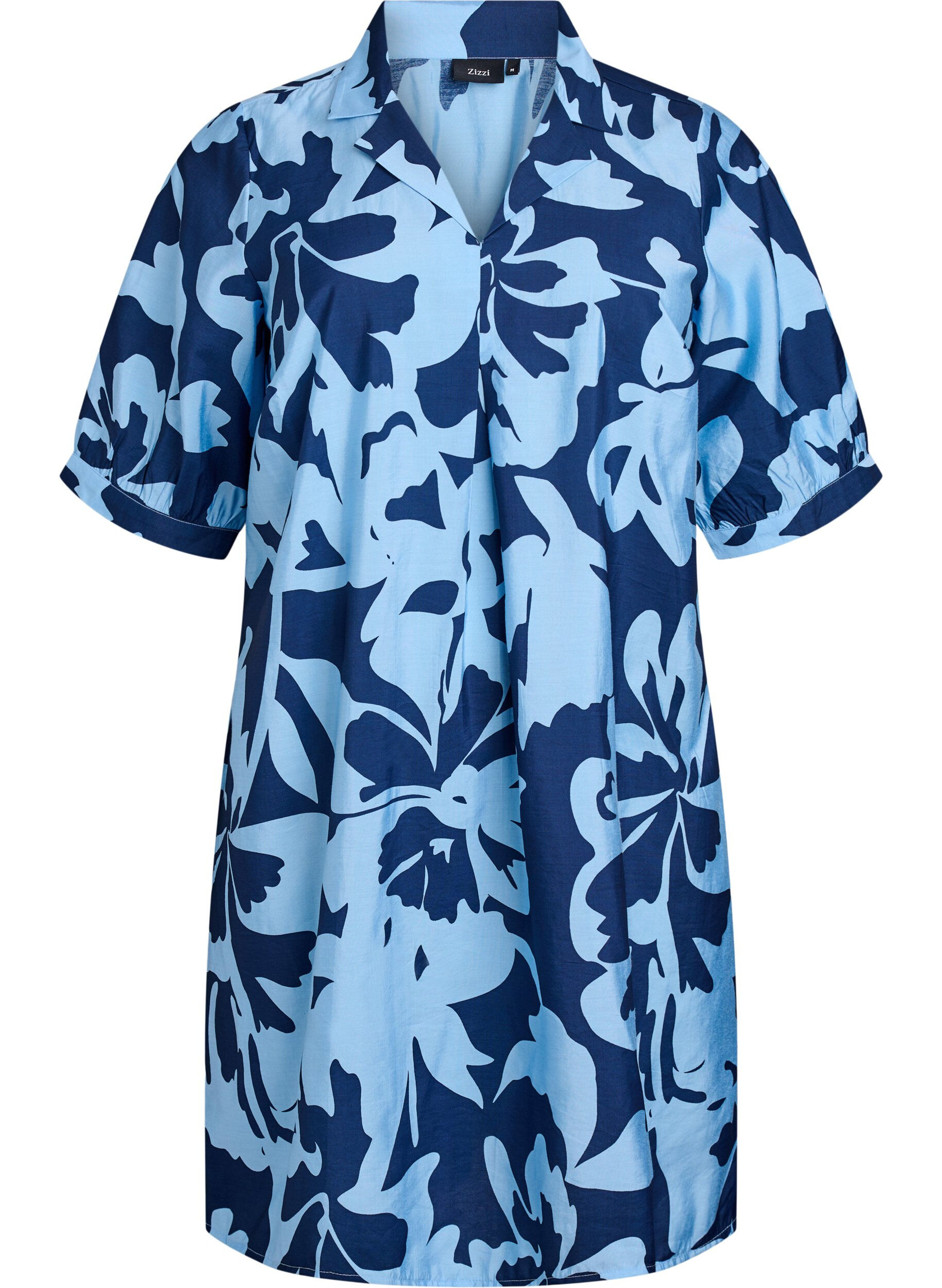 Zizzi Robe mi-longue imprim&eacute;e avec col en V, Bleu, Packshot image number 0