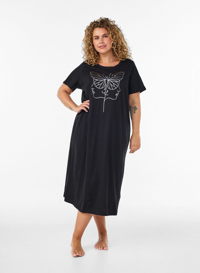 Chemise de nuit midi en coton biologique, Noir, Model image number 0