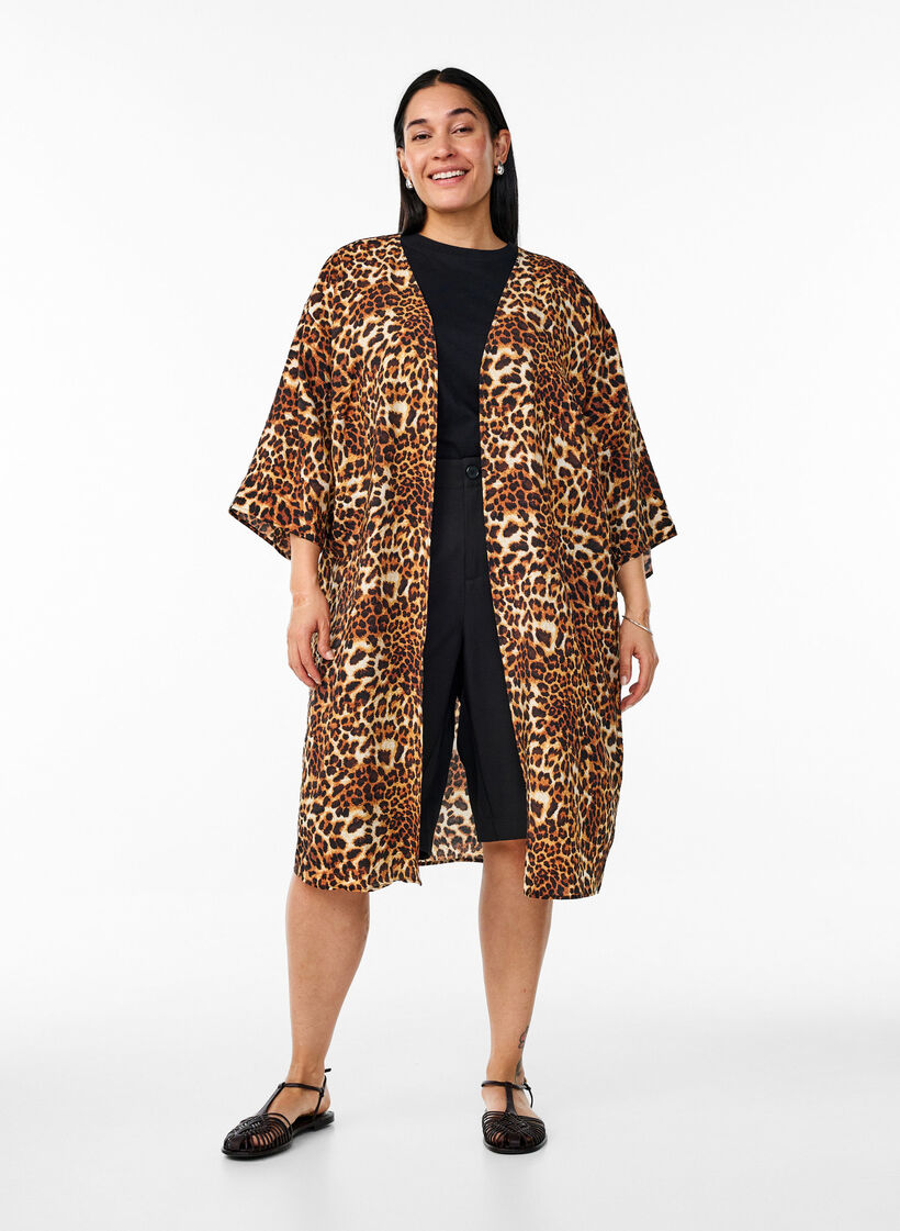 Kimono en viscose avec manches 3/4, Marron, Model image number 1