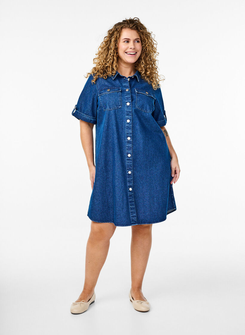 Robe en denim à manches courtes et boutons, Bleu, Model image number 1