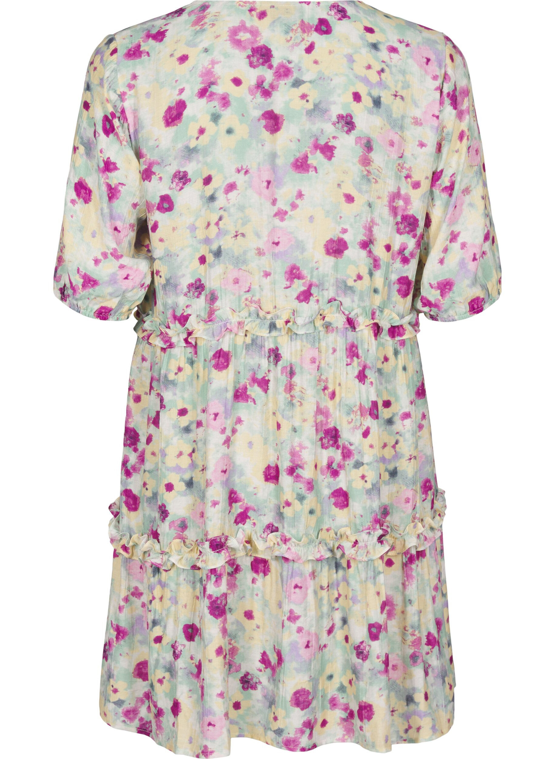 Zizzi Robe d'&eacute;t&eacute; courte &agrave; imprim&eacute; floral, Vanille, Packshot image number 1