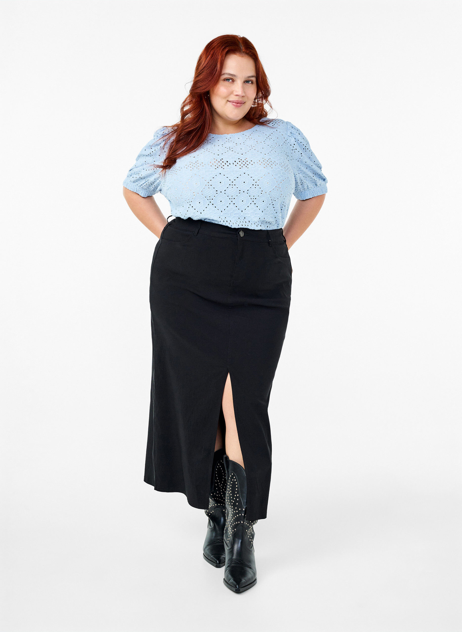 Zizzi Chemisier &agrave; manches courtes avec motif de dentelle, Cashmere Blue, Model image number 2