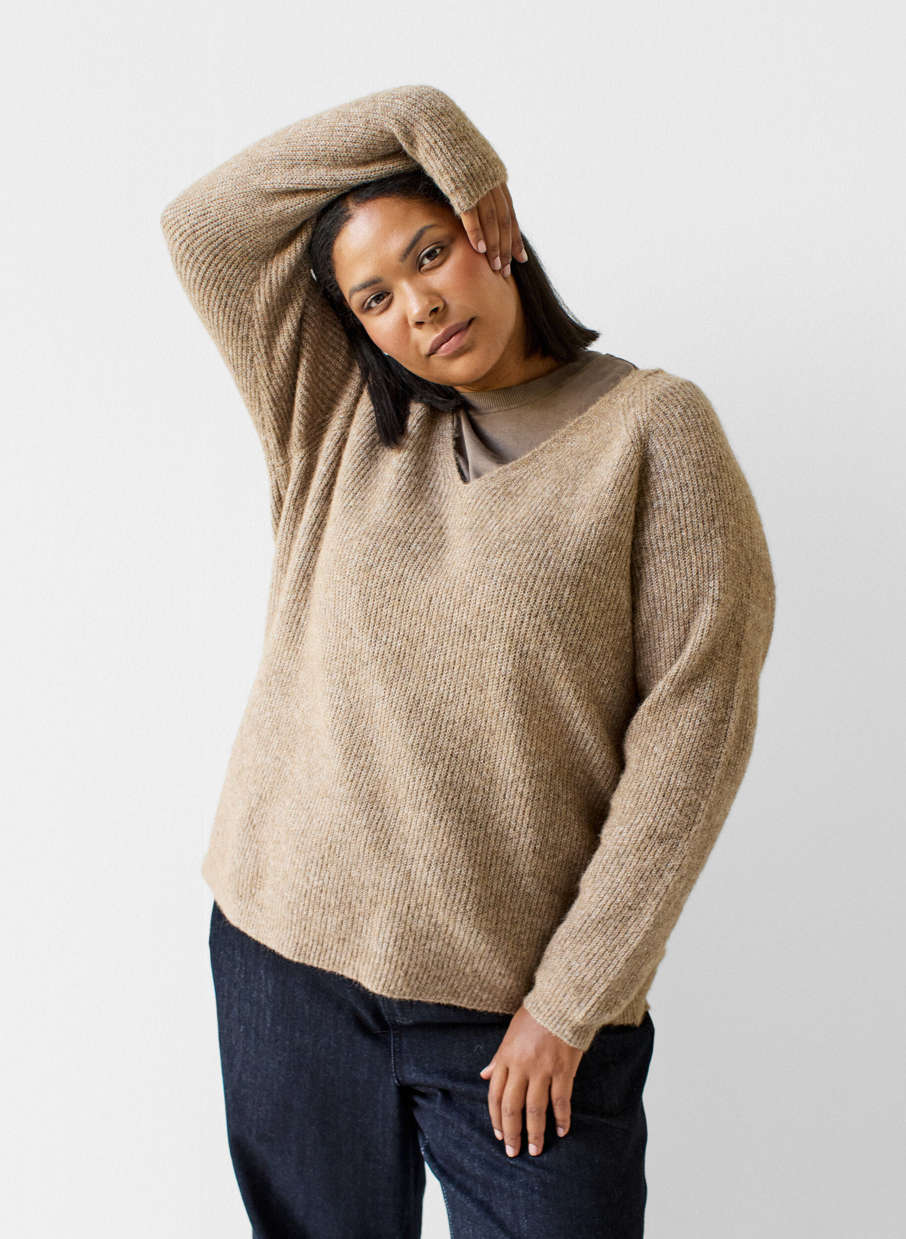 ZizziBlouse en maille &agrave; col V et manches raglan, Camel, Model image number 3