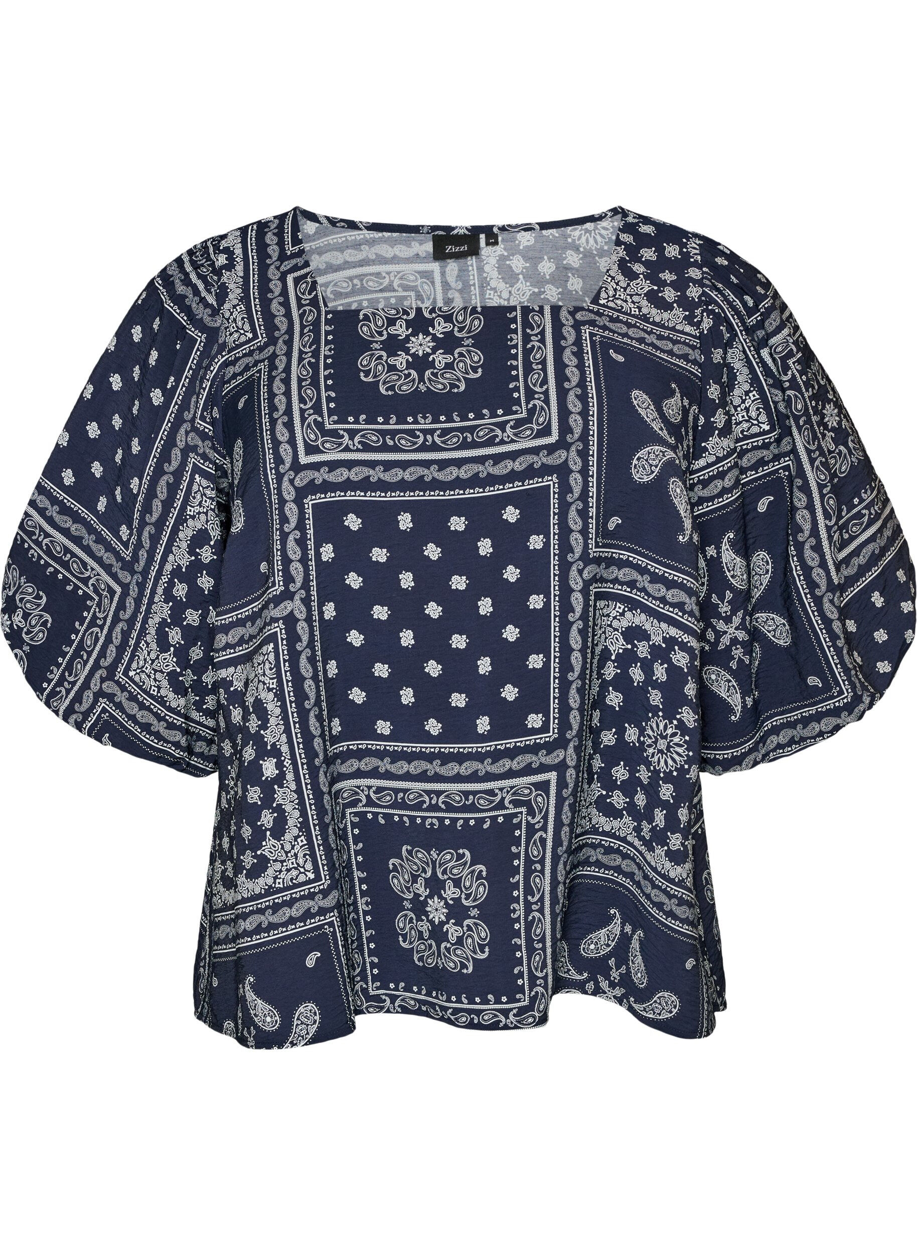 ZizziBlouse en viscose &agrave; imprim&eacute; cachemire et manches ballon, Bleu, Packshot image number 0