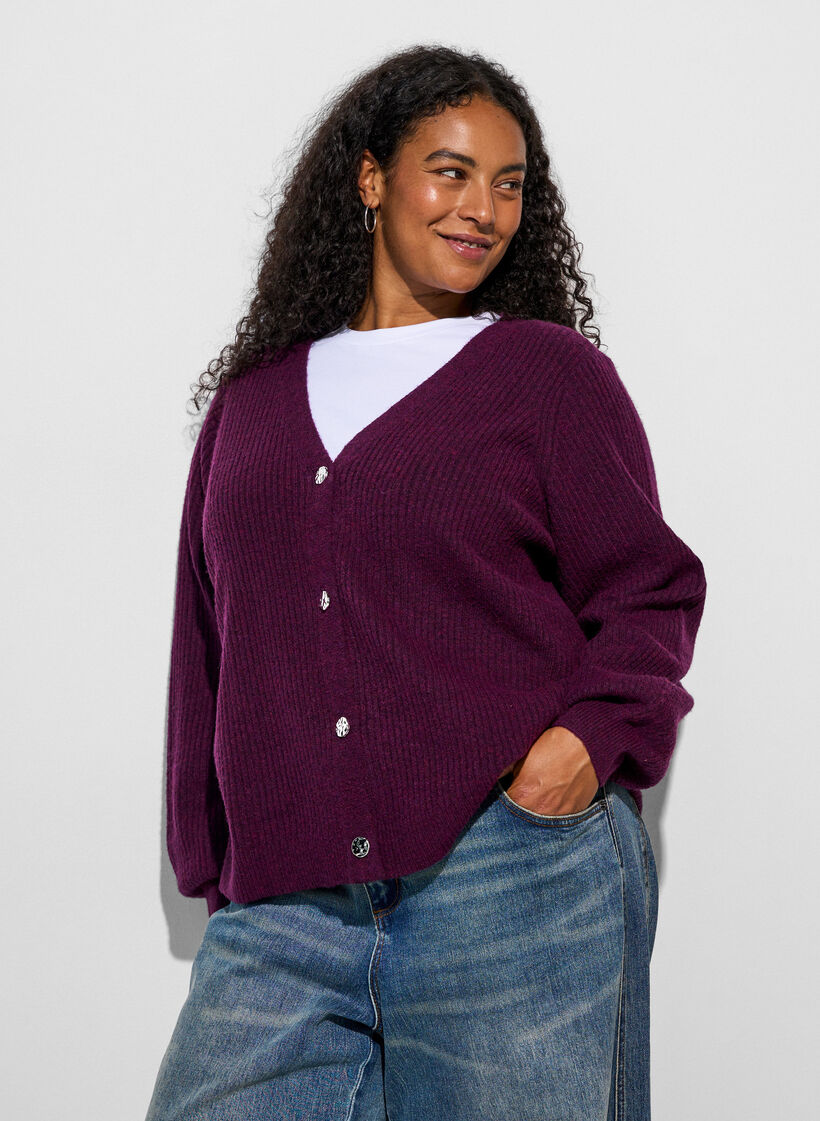 Cardigan avec col en V et texture c&ocirc;tel&eacute;e, Violet, Model image number 3