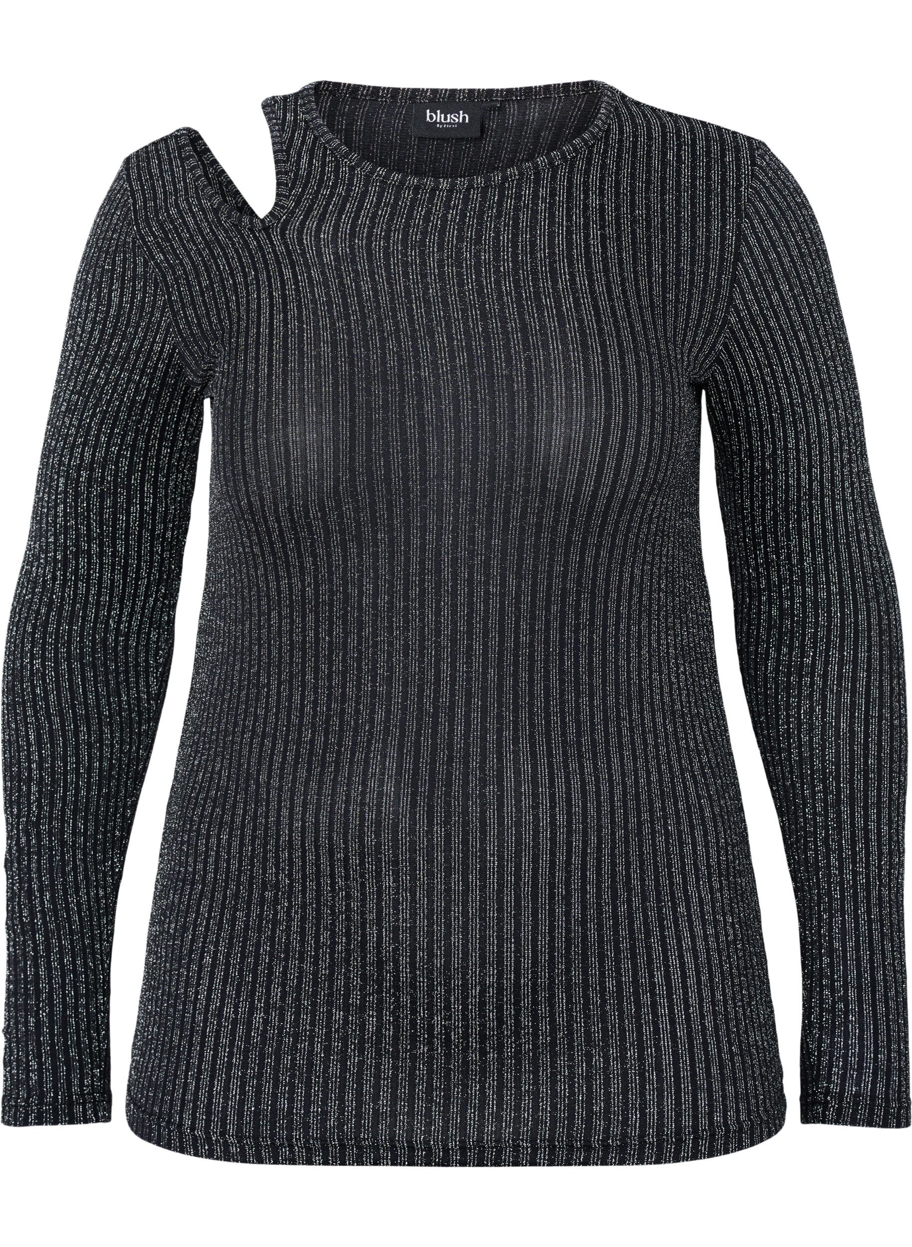 Zizzi Blouse &agrave; manches longues avec d&eacute;coupe et paillettes, B. w. Silver Stripes, Packshot image number 0