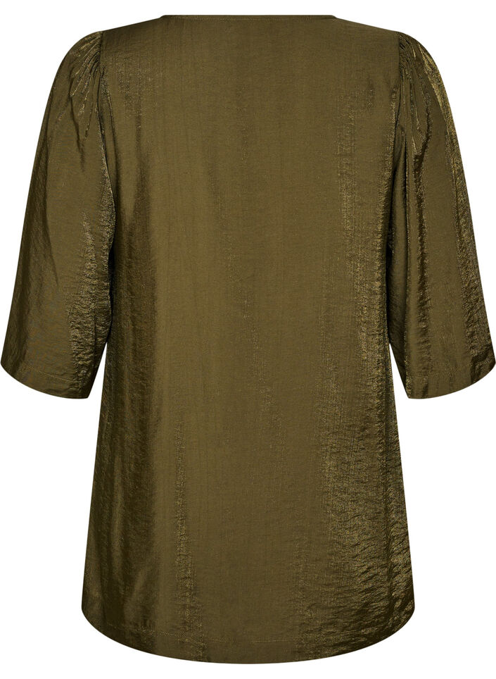 Tunique brillante avec col en V et manches 3/4, Vert Kaki, Packshot image number 1