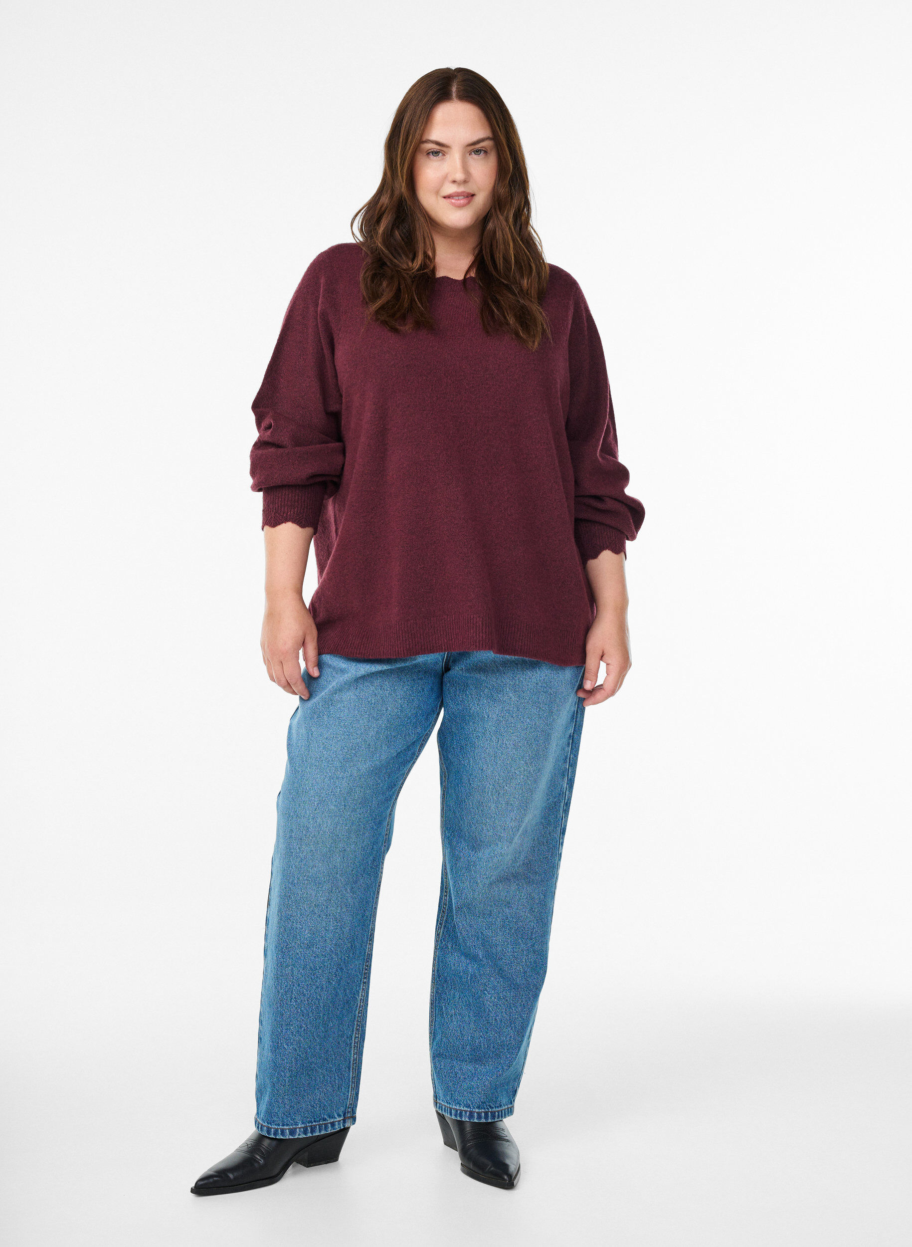 ZizziBlouse en maille &agrave; bords ondul&eacute;s, Bordeaux fonc&eacute;, Model image number 1
